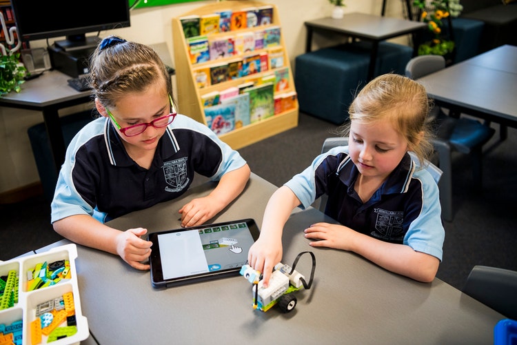 Two students using the libraries digital learning tools.